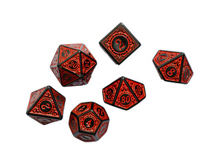 Set of red dice for rpg, dnd or board games on a light background. polyhedral dice (d4, d6, d8,...