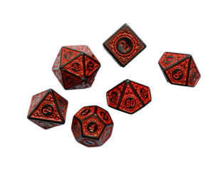 Set of red dice for rpg, dnd or board games on a light background. polyhedral dice (d4, d6, d8, d10, d12 and d20) for fantasy games