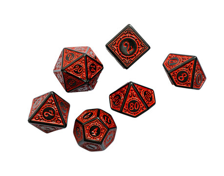Set of red dice for rpg, dnd or board games on a light background. polyhedral dice (d4, d6, d8, d10, d12 and d20) for fantasy games