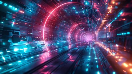 Obraz premium Abstract tunnel background, digital convergence, innovation, immersive cyberspace, hightech aesthetics