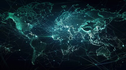 Abstract glowing green world map with connected lines on a dark background.