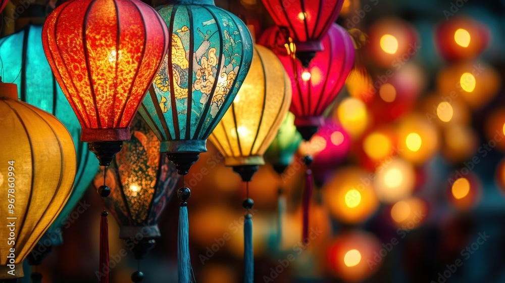 Poster Colorful lanterns illuminate a festive scene, creating a warm and inviting atmosphere.