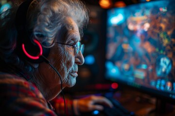 Obraz premium Grandma gamer plays video games on the computer. Dota. Elderly professional gamer playing online games computer with technology glasses and headphones,cyber technology concept.