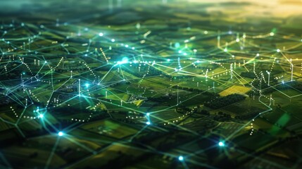 Abstract network of glowing lines and nodes over a green background, representing global connectivity and data flow.
