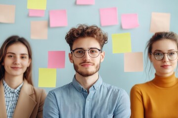 Group of young professionals collaborating in a digital workspace, virtual sticky notes floating, team hack, collaborative innovation