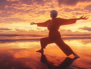 Senior woman practicing tai chi during golden sunset at the beach