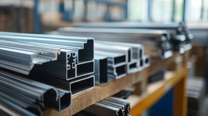Various samples of aluminum profile on the stand. Industry