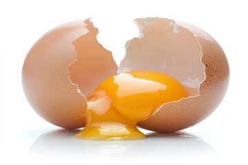 A cracked eggshell with a fresh egg yolk spilling out.