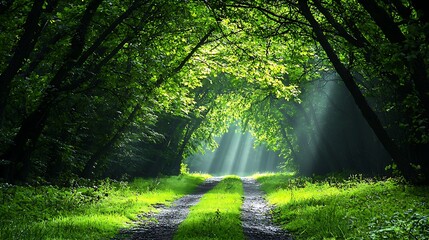 Fototapeta premium Sunbeams break through the trees, illuminating a serene forest path.