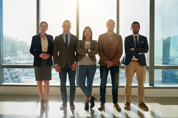 Recruitment, portrait and row of people with vacancy, confidence and internship in office. Hiring, diversity and candidate group ready with work opportunity, support and queue for HR interview