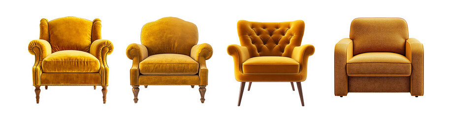 Four yellow velvet armchairs with different designs, isolated on black background. Isolated transparent background