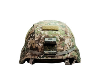 A detailed view of a military helmet featuring camouflage patterns, designed for protection and tactical operations, PNG, transparent, No background.