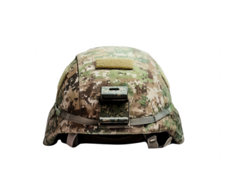 A detailed view of a military helmet featuring camouflage patterns, designed for protection and tactical operations, PNG, transparent, No background.
