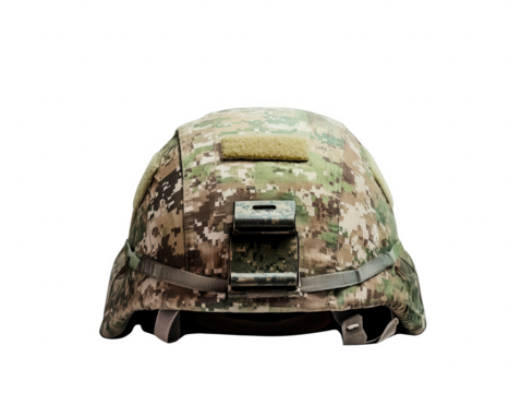 A detailed view of a military helmet featuring camouflage patterns, designed for protection and tactical operations, PNG, transparent, No background.