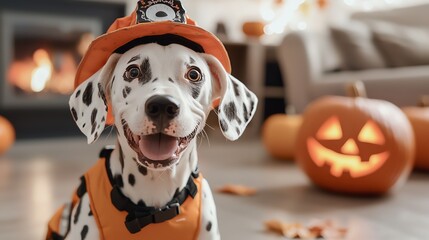 Dalmatian in a firefighter costume with Halloween decorations, firefighter dog, heroic Halloween pet