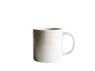 A simple white ceramic mug, perfect for branding or showcasing hot beverages in a clean and elegant style, PNG, transparent, No background.