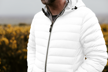 Puffer jacket png transparent mockup, outdoor photoshoot