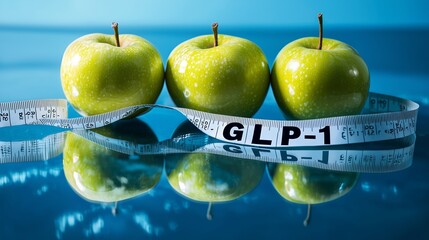 Three green apples with a measuring tape labeled GLP-1, symbolizing weight loss and healthy eating.