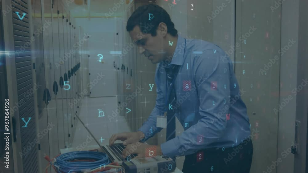 Poster animation of data processing with cyberattack warning over biracial businessman in server room