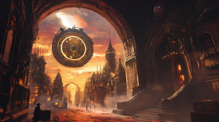 Time travel portal emerging in a fantasy city, with ancient architecture and a sense of mystery. Time Machine. Illustration