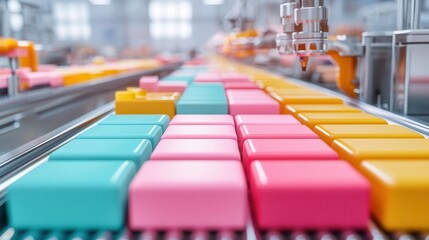 A conveyor belt moving vibrant food packages, with machines adding labels, surrounded by factory machinery, Photorealistic, Industrial lighting