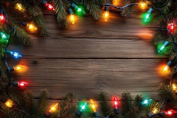 Festive Christmas Lights on Rustic Wooden Background