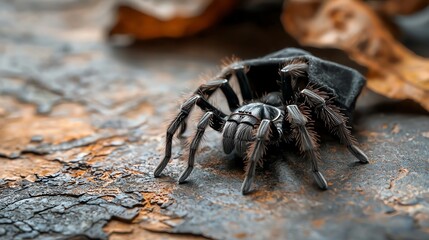 Tarantula in a miniature vampire cape on a spooky tabletop, vampire spider, creepycrawly Halloween