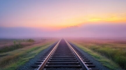 Fototapeta premium A beautiful sunrise over the railway tracks in an open field, with mist and smoke rising from afar. 