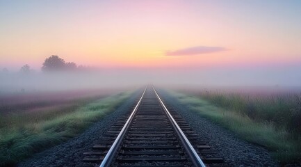 Fototapeta premium A beautiful sunrise over the railway tracks in an open field, with mist and smoke rising from afar. 