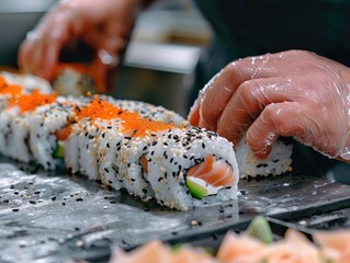 Close up of a chef's gloved hands arranging a row of freshly made sushi rolls.