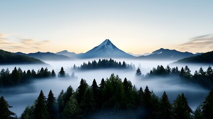 Misty mountain peaks are surrounded by evergreen forests, glowing in the early morning sun.
