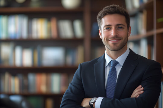 Confident attorney in a suit smiling in a well-lit office during a personal injury consultation