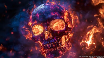Dark shadowy scene featuring a skull with neon flames and glowing bones for an intense visual.
