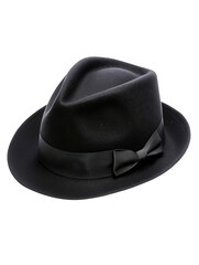 Stylish black fedora hat with a sleek satin band, perfect for formal occasions or fashion accessories, PNG, transparent, No background.