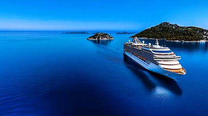 Naklejka premium A cruise ship glides through the blue ocean, framed by distant islands.