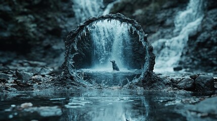 Dog Sitting in a Natural Archway by Waterfall