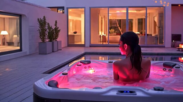 back view of Asian woman in Jacuzzi pool at luxurious home balcony