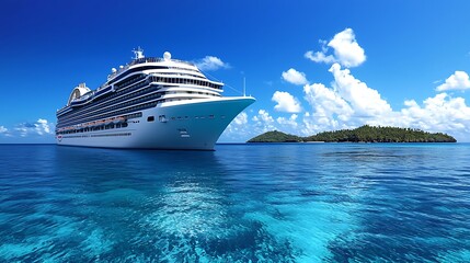 A luxury cruise ship sails past a tropical island in the blue ocean, offering a scenic voyage.