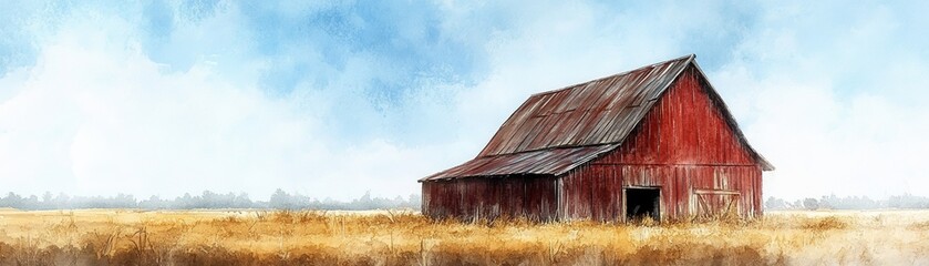 A rustic red barn stands proudly in a golden field under a bright, cloudy sky. Perfect for nature and rural lifestyle themes.