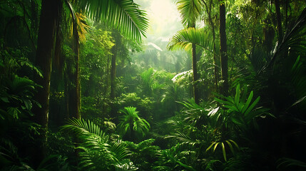 A dense section of the Amazon rainforest with towering trees and lush green foliage, showcasing the diverse plant life 