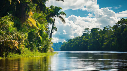 Obraz premium A scenic view of a riverbank in the Amazon rainforest, lined with a variety of plants and trees 