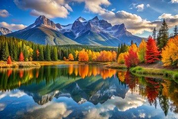 Vibrant autumn foliage surrounds a serene lake in the Canadian Rockies, with majestic mountains rising in the