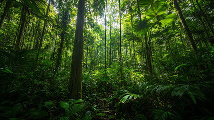 Fototapeta premium A wide-angle view of the Amazon rainforest, showing a mix of tall trees, vines, and thick underbrush 