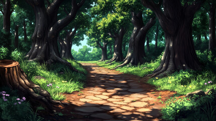 Naklejka premium Peaceful Pathway Through a Lush Forest with Sunlight