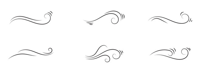 Doodle wind line sketch set. Hand drawn doodle wind motion, air blow, swirl elements. Sketch drawn air blow motion, smoke flow art, abstract line. Isolated vector illustration.