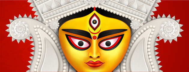 goddess durga face illustration for happy durga puja festival banner design used for offer, discount, sales tags, print, banner, web banner, festival offer, social media post