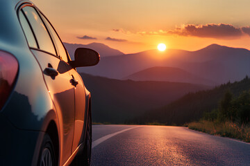 A car parked by a winding road at sunset, surrounded by mountains and nature.