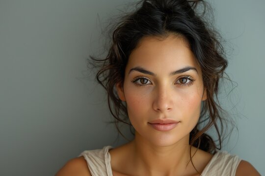 With a serious expression, the woman commands attention, capturing a moment of reflection and poise in a serene environment.