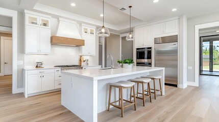A modern white kitchen with an island and stainless steel appliances creates a sleek and functional space.