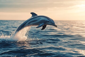 Fototapeta premium Dolphin Leaping Through the Waves at Sunset